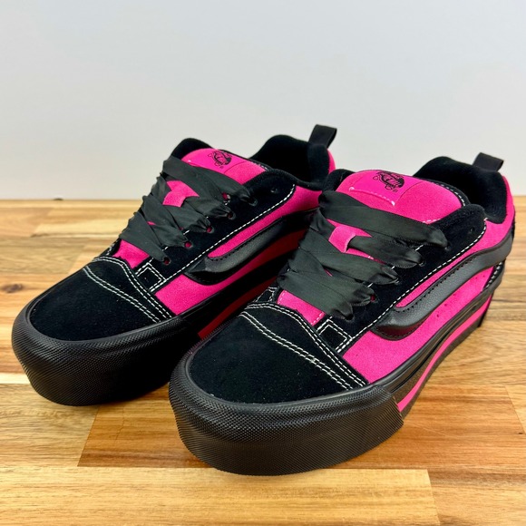 VANS Knu Skate Platform Stacked Skateboarding Sneakers Black/Hot-Pink/Satin Lace - Picture 1 of 8